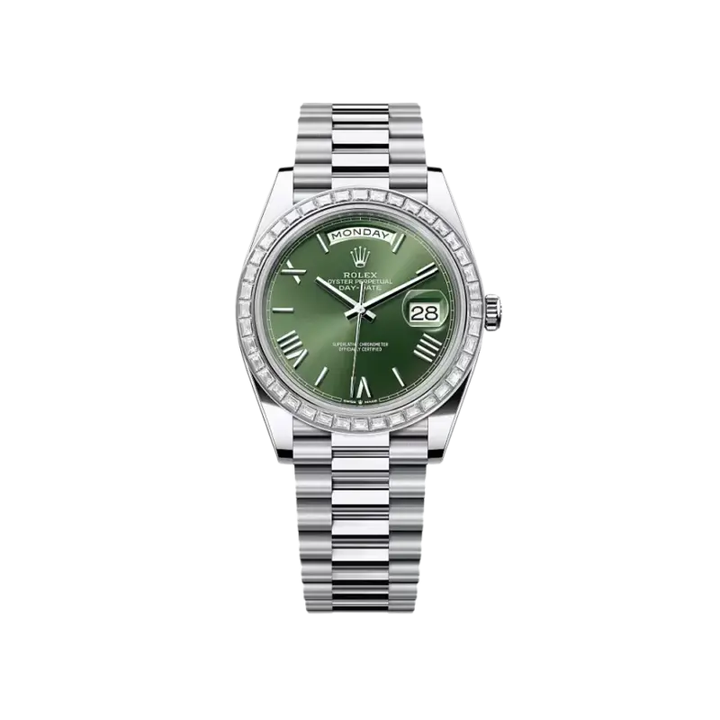Rolex Day-Date 40 228396TBR Platinum Olive Green Dial Diamond Bezel