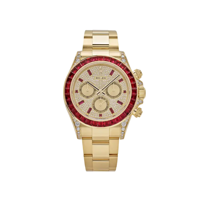 Rolex Daytona 126598TRU Yellow Gold Ruby Bezel Diamond Pave Dial