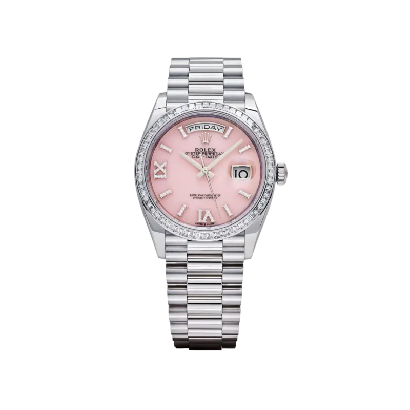 Rolex Day-Date 36 128396TBR Platinum Pink Opal Diamond Dial and Bezel
