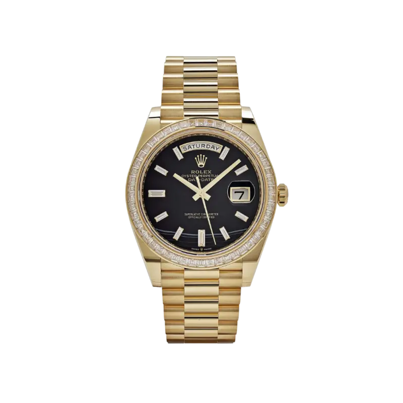 Rolex Day-Date 40 228398TBR Yellow Gold Onyx Baguette Diamond Dial Baguette Bezel