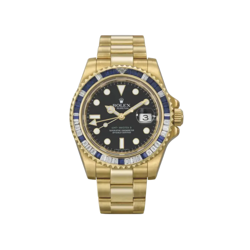 Rolex GMT-Master II 116748SA Yellow Gold Sapphire and Diamond Bezel Black Dial