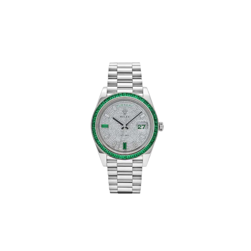 Rolex Day-Date 40 228396TEM Platinum Diamond Dial Emerald Bezel