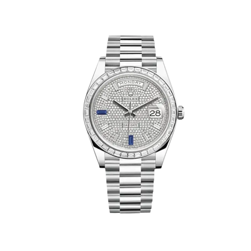 Rolex Day-Date 40 228396TBR Platinum Diamond Bezel Diamond-Paved Sapphire Dial