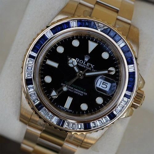 Rolex GMT-Master II 116748SA Yellow Gold Sapphire and Diamond Bezel Black Dial - Image 2